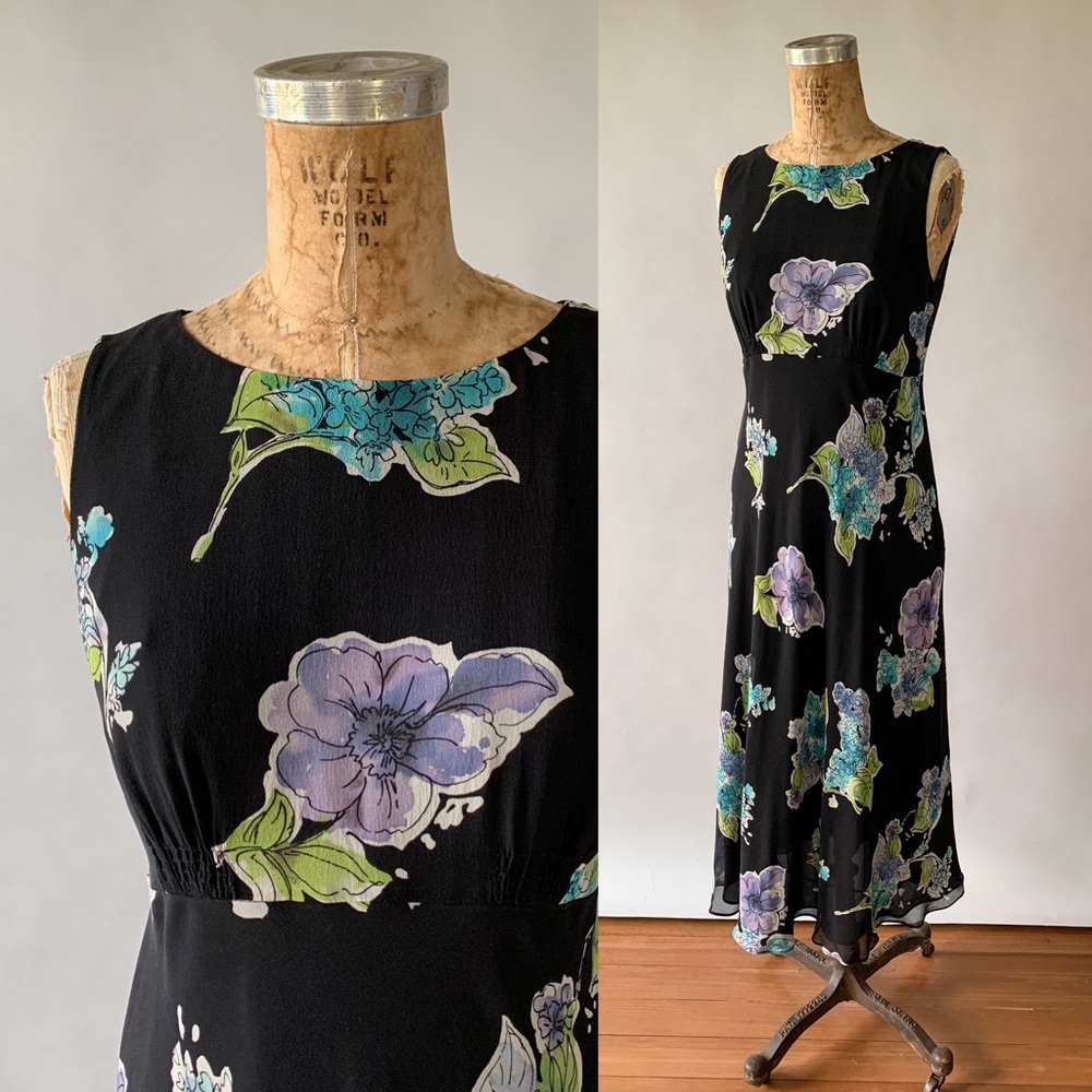 VTG Y2K Talbots Black Floral Silk Chiffo 1930s Style Bias Cut Dress S Size 4